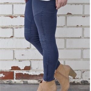 Navy stretch moto jeggings with zipper trim